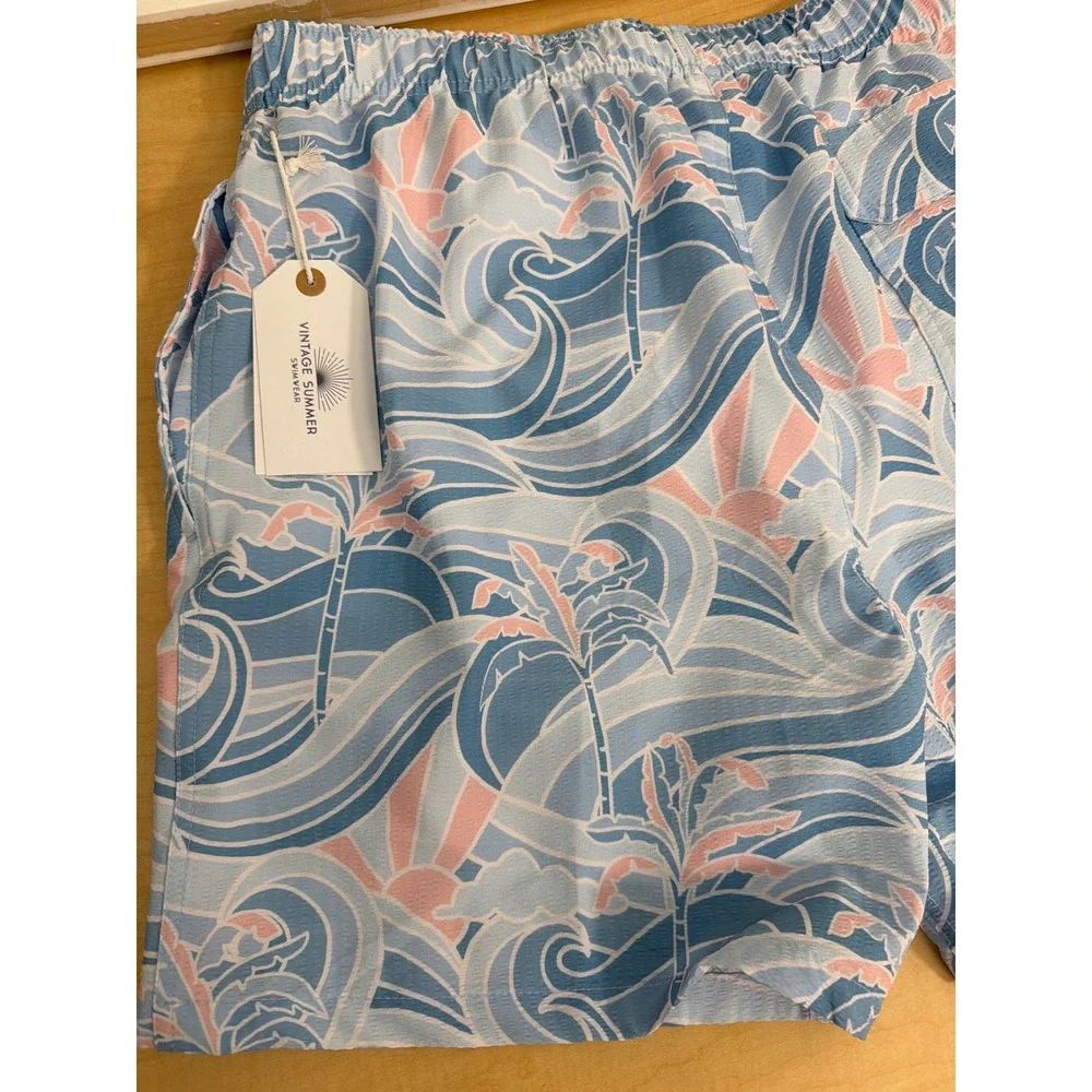 Vintage Summer Mens Blue Pink Tropical Wave Print Swim Trunks XXL 17 Inch Length